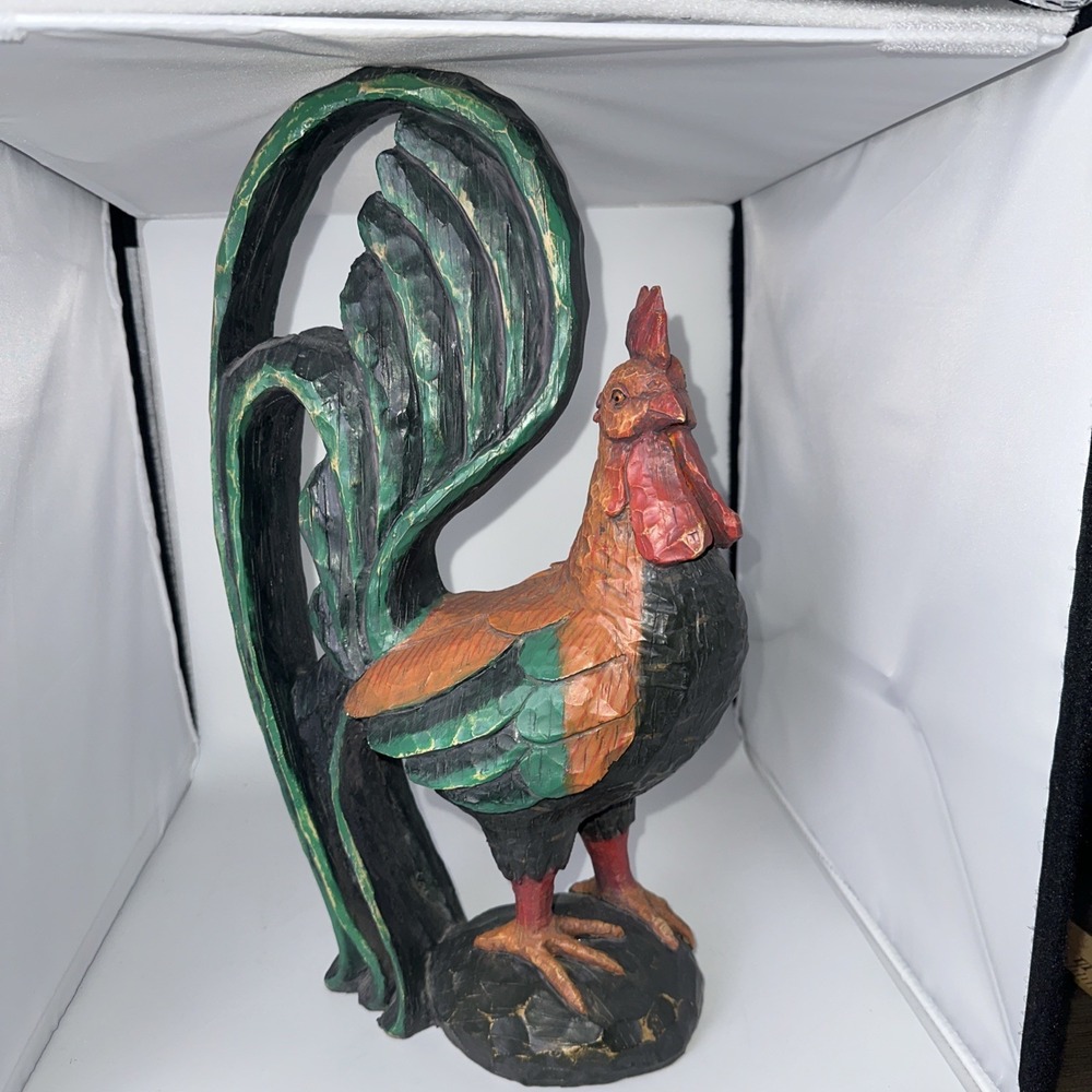 Vintage 15" Large Wooden Rooster Statue Figure Majolica Style Glaze Folk Art